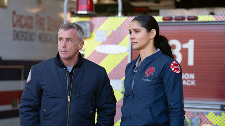 CHICAGO FIRE -- "Frostbite Blue" Episode 1411 -- Pictured: (l-r) David Eigenberg as Christopher Herrmann, Miranda Rae Mayo as Stella Kidd -- (Photo by: Peter Gordon/NBC)