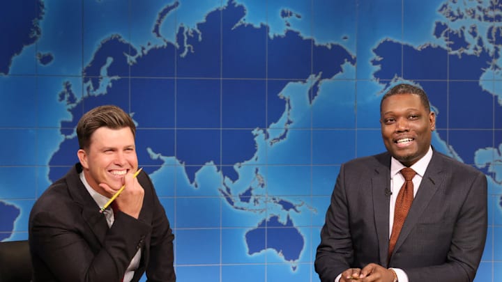 SATURDAY NIGHT LIVE -- Episode 1884 -- Pictured: (l-r) Anchor Colin Jost and anchor Michael Che during Weekend Update on Saturday, May 17, 2025 -- (Photo by: Will Heath/NBC)