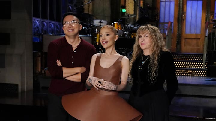 SATURDAY NIGHT LIVE -- Episode 1867 -- Pictured: (l-r) Bowen Yang, host Ariana Grande, and musical guest Stevie Nicks during Promos in Studio 8H on Thursday, October 10, 2024 SATURDAY NIGHT LIVE -- Episode 1867 -- Pictured: (l-r) Bowen Yang, host Ariana Grande, and musical guest Stevie Nicks during Promos in Studio 8H on Thursday, October 10, 2024