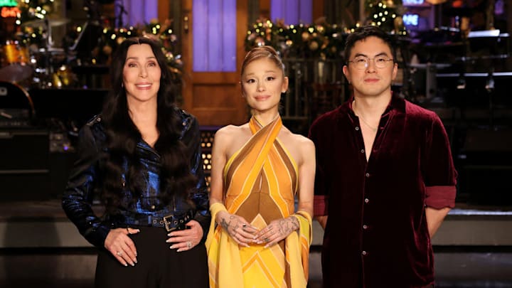 SATURDAY NIGHT LIVE -- Episode 1893 -- Pictured: (l-r) Musical guest Cher, host Ariana Grande, and Bowen Yang during Promos on Thursday, December 18, 2025 -- (Photo by: Rosalind OConnor/NBC)