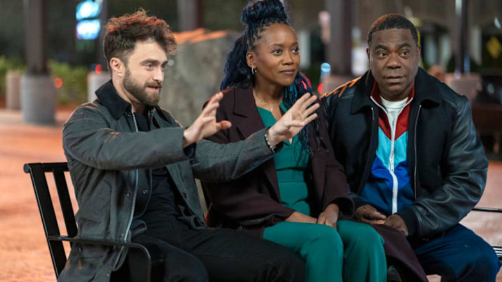 THE FALL AND RISE OF REGGIE DINKINS -- "Pilot" Episode 101 -- Pictured: (l-r) Daniel Radcliffe as Arthur Tobin, Erika Alexander as Monica,Tracy Morgan as Reggie Dinkins -- (Photo by: Scott Gries/NBC)