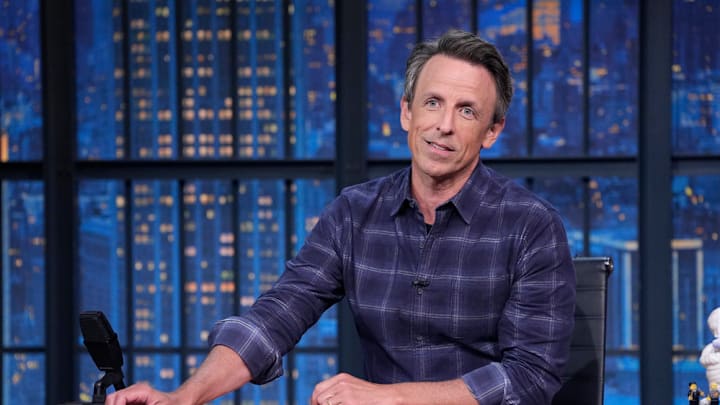 LATE NIGHT WITH SETH MEYERS -- Episode 1689 -- Pictured: Host Seth Meyers during the monologue on August 12, 2025 -- (Photo by: Lloyd Bishop/NBC)