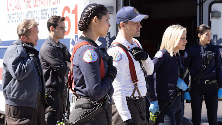 CHICAGO FIRE -- "No Survivors" Episode 916 -- Pictured: (l-r) Christian Stolte as Randall “Mouch” McHolland, Alberto Rosende as Blake Gallo, Miranda Rae Mayo as Stella Kidd, Jesse Spencer as Matthew Casey , Kara Killmer as Sylvie Brett, Hanako Greensmith as Violet -- (Photo by: Adrian S. Burrows Sr./NBC)