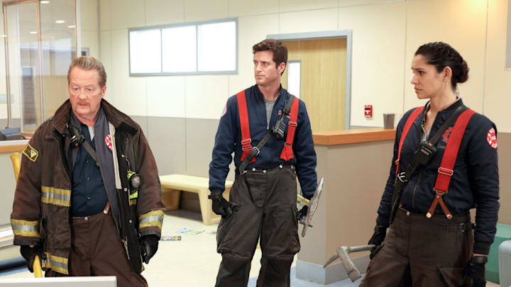 CHICAGO FIRE -- "On The Hook" Episode 12005 -- Pictured: (l-r) Christian Stolte as Randy "Mouch" McHolland, Jake Lockett as Sam Carver, Miranda Rae Mayo as Stella Kidd -- (Photo by: Adrian S Burrows Sr/NBC)