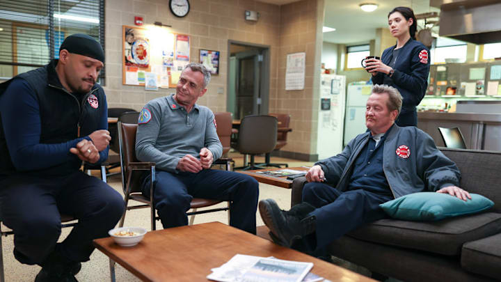 CHICAGO FIRE -- "Don't Hang Up" Episode 913 -- Pictured: (l-r) Joe Minoso as Joe Cruz, David Eigenberg as Christopher Herrmann, Hanako Greensmith as Violet, Christian Stolte as Randall “Mouch” McHolland -- (Photo by: Adrian S. Burrows Sr./NBC)