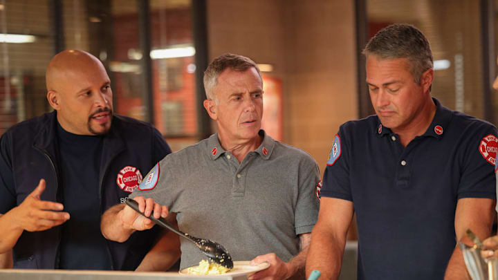 CHICAGO FIRE -- "Ride the Blade" Episode 13002 -- Pictured: (l-r) Joe Miñoso as Joe Cruz, David Eigenberg as Christopher Herrmann, Taylor Kinney as Kelly Severide -- (Photo by: George Burns Jr/NBC)