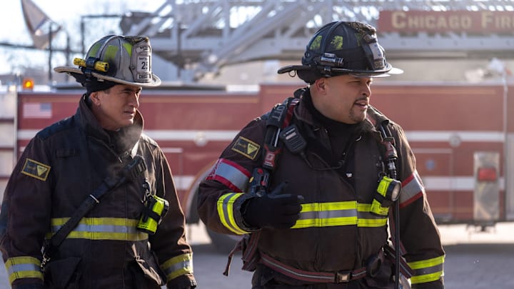 CHICAGO FIRE -- "Coming In Hot" Episode 1412 -- Pictured: (l-r) Dermot Mulroney as Dom Pascal, Joe Miñoso as Joe Cruz 
