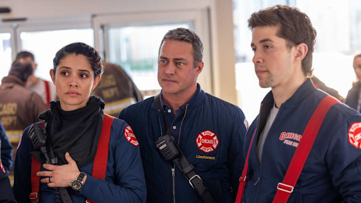 CHICAGO MED -- "Reckoning, Part 2" Episode 1117 -- Pictured: (l-r) Miranda Rae Mayo as Stella Kidd, Taylor Kinney as Kelly Severide, Brandon Larracuente as Sal Vasquez 