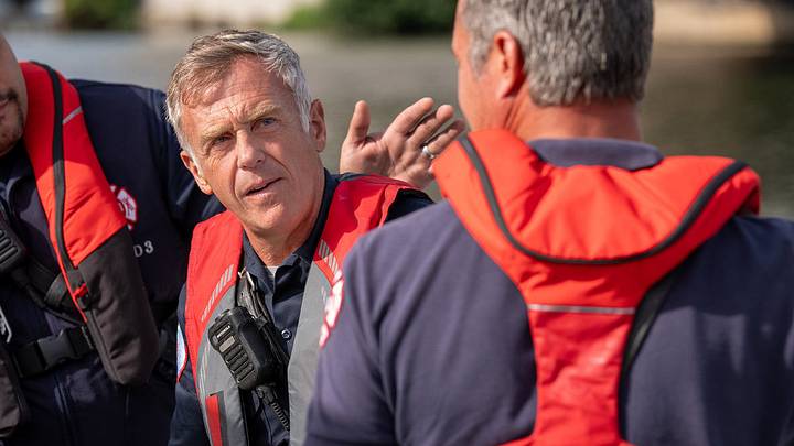 CHICAGO FIRE -- "In The Blood" Episode 1403 -- Pictured: (l-r) Joe Miñoso as Joe Cruz, David Eigenberg as Christopher Herrmann, Taylor Kinney as Kelly Severide 