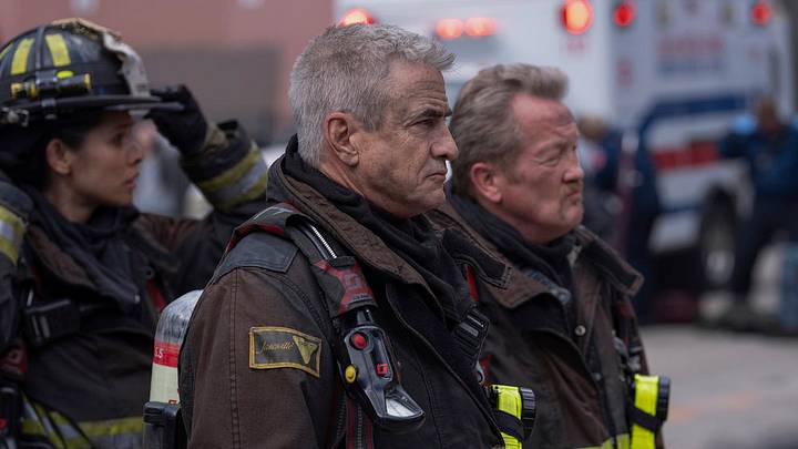 CHICAGO FIRE -- "It Had To End This Way" Episode 13022 -- Pictured: (l-r) Miranda Rae Mayo as Stella Kidd, Dermot Mulroney as Chief Dom Pascal, Christian Stolte as Randy Mouch McHolland