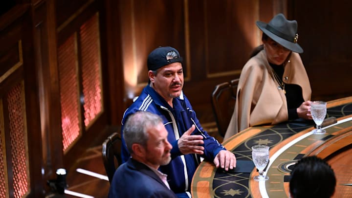 THE TRAITORS -- "Til Death Do Us Part" Episode 307 -- Pictured: (l-r) Lord Ivar Mountbatten, Rob Mariano, Dolores Catania -- (Photo by: Euan Cherry/Peacock)