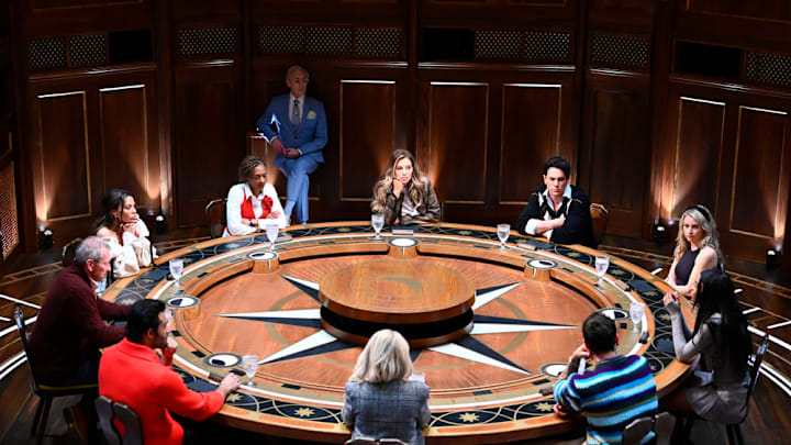 THE TRAITORS -- "A Bitch Is Lying" Episode 308 -- Pictured: (l-r) Sam Asghari, Lord Ivar Mountbatten, Dolores Catania, Danielle Reyes, Alan Cumming, Gabby Windey, Tom Sandoval Britney Haynes, Ciara Miller, Dylan Efron, Carolyn Wiger -- (Photo by: Euan Cherry/Peacock)