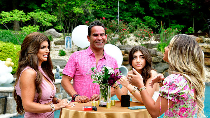 THE REAL HOUSEWIVES OF NEW JERSEY -- "Housewarming History Lesson" Episode 1304 -- Pictured: (l-r) Teresa Giudice, Luis Ruelas, Milania Giudice, Gia Giudice -- (Photo by: Eugene Gologursky/Bravo)