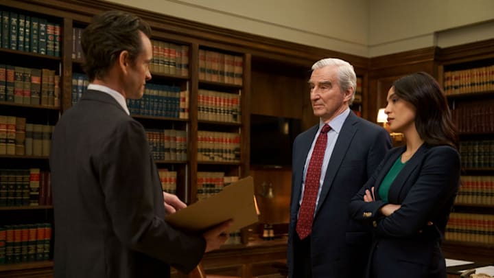 LAW & ORDER -- "Class Retreat" Episode 22020 -- Pictured: (l-r) Hugh Dancy as ADA Nolan Price, Sam Waterston as D.A. Jack McCoy, Odelya Halevi as ADA Samantha Maroun -- (Photo by: Peter Kramer/NBC)