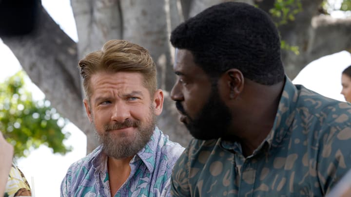MAGNUM P.I. -- "The Retrieval" Episode 515 -- Pictured: (l-r) Zachary Knighton as Orville "Rick" Wright, Stephen Hill as Theodore "TC" Calvin -- (Photo by: Zack Dougan/NBC)