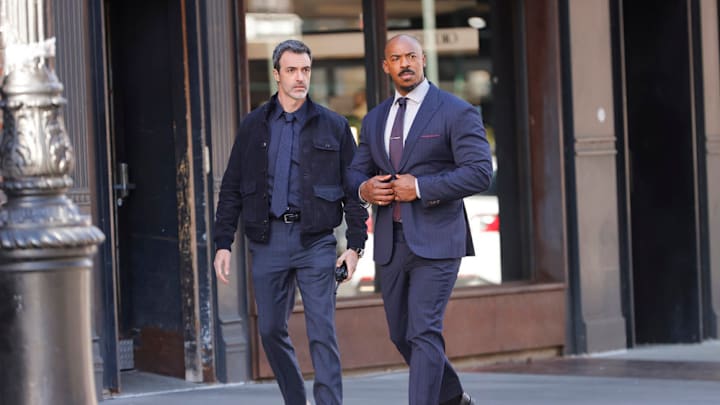 LAW & ORDER -- "Turn The Page" Episode 23004 -- Pictured: (l-r) Reid Scott as Det. Vincent Riley, Mehcad Brooks as Det. Jalen Shaw -- (Photo by: Will Hart/NBC)