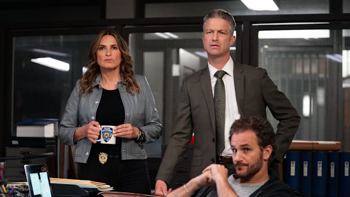 LAW & ORDER: SPECIAL VICTIMS UNIT -- "Fractured" Episode 26001 -- Pictured: (l-r) Mariska Hargitay as Capt. Olivia Benson, Peter Scanavino as A.D.A Dominick "Sonny" Carisi Jr., Kevin Kane as Det. Terry Bruno -- (Photo by: Ralph Bavaro/NBC)