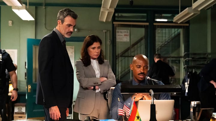 LAW & ORDER -- ""Big Brother"" Episode 24002 -- Pictured: (l-r) Reid Scott as Det. Vincent Riley, Maura Tierney as Lt. Jessica Brady, Mehcad Brooks as Det. Jalen Shaw