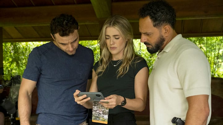 THE HUNTING PARTY -- "Arlo Brandt" Episode 106 -- Pictured: (l-r) Josh McKenzie as Shane Florence, Melissa Roxburgh as Rebecca 'Bex' Henderson, Patrick Sabongui as Jacob Hassani -- (Photo by: James Dittiger/NBC)