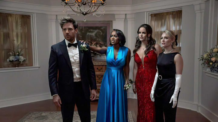 GROSSE POINTE GARDEN SOCIETY -- "Force of Nature" Episode 104 -- Pictured: (l-r) Ben Rappaport as Brett, Aja Naomi King as Catherine, Melissa Fumero as Birdie, AnnaSophia Robb as Alice -- (Photo by: Tina Rowden/NBC)