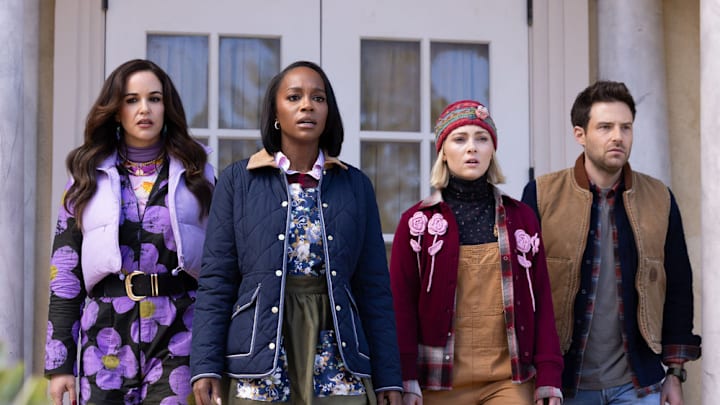 GROSSE POINTE GARDEN SOCIETY -- "The Frost" Episode 108 -- Pictured: (l-r) Melissa Fumero as Birdie, Aja Naomi King as Catherine, AnnaSophia Robb as Alice, Ben Rappaport as Brett -- (Photo by: Mark Hill/NBC)