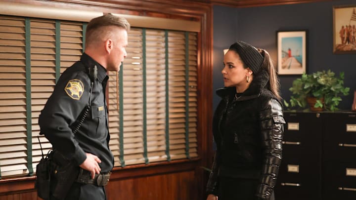 GROSSE POINTE GARDEN SOCIETY -- "Bad Seeds" Episode 113 -- Pictured: (l-r) Matthew Davis as Joel, Melissa Fumero as Birdie -- (Photo by: Matt Miller/NBC)