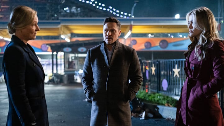 THE HUNTING PARTY -- "Jenna Wells" Episode 110 -- Pictured: (l-r) Kari Matchett as Col Lazarus, Nick Wechsler as Oliver Odell, Melissa Roxburgh as Rebecca Bex Henderson -- (Photo by: James Dittiger/NBC)