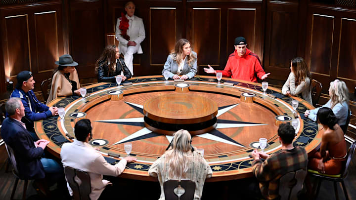 THE TRAITORS -- "Til Death Do Us Part" Episode 307 -- Pictured: (l-r) Carolyn Wiger, Sam Asghari, Lord Ivar Mountbatten, Rob Mariano, Dolores Catania, Danielle Reyes, Alan Cumming, Gabby Windey, Tom Sandoval, Chrishell Stause, Britney Haynes, Ciara Miller, Dylan Efron -- (Photo by: Euan Cherry/Peacock)