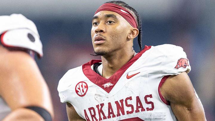 Arkansas Razorbacks quarterback Taylen Green walks off the field after 21-17 loss to the Texas A&M Aggies at AT&T Stadium in Arlington, Texas.