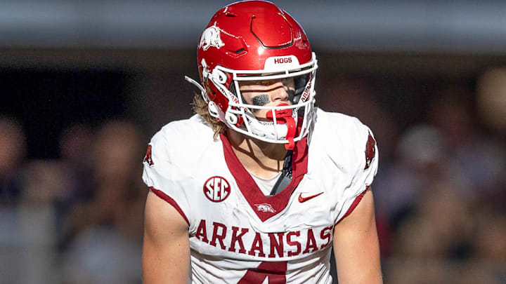 Arkansas Razorbacks wide receiver Isaac TeSlaa lines up before a play against the Texas A&M Aggies at AT&T Stadium in Arlington, Texas.