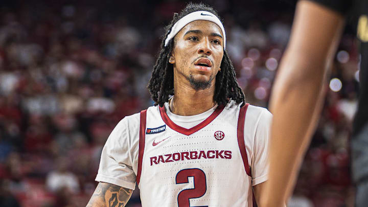 Arkansas Razorbacks point guard Boogie Fland against Oakland at Bud Walton Arena in Fayetteville, Ark.