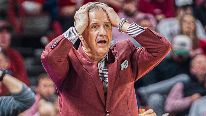 Arkansas Razorbacks coach John Calipari reacting during game with the Oklahoma Sooners at Bud Walton Arena in Fayetteville, Ark.
