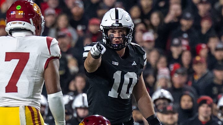 Nebraska tight end Heinrich Haarberg lines up at quarterback and attempts to draw USC offsides. Nebraska tight end Heinrich Haarberg lines up at quarterback and attempts to draw USC offsides.
