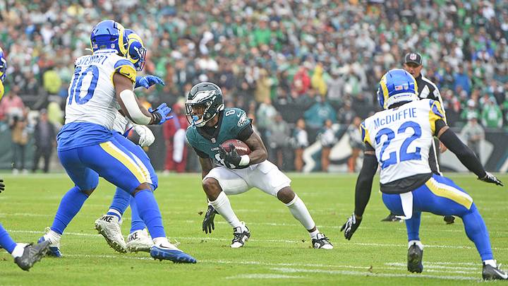 Eagles RB Tank Bigsby looks for yardage against the Rams in Week 4. Bigsby suffered an injury that will land him on injured reserve. Eagles RB Tank Bigsby looks for yardage against the Rams in Week 4. Bigsby suffered an injury that will land him on injured reserve.