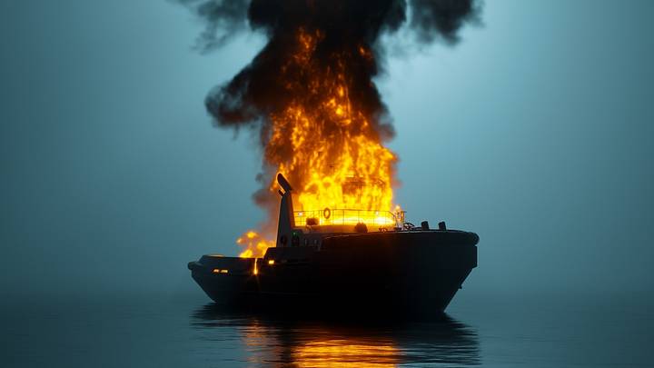 Tugboat on fire against blue foggy background