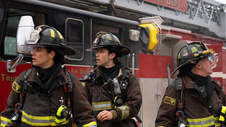 Chicago Fire season 14 - Miranda Rae Mayo as Stella Kidd, Brandon Larracuente as Sal Vasquez, David Eigenberg as Herrmann