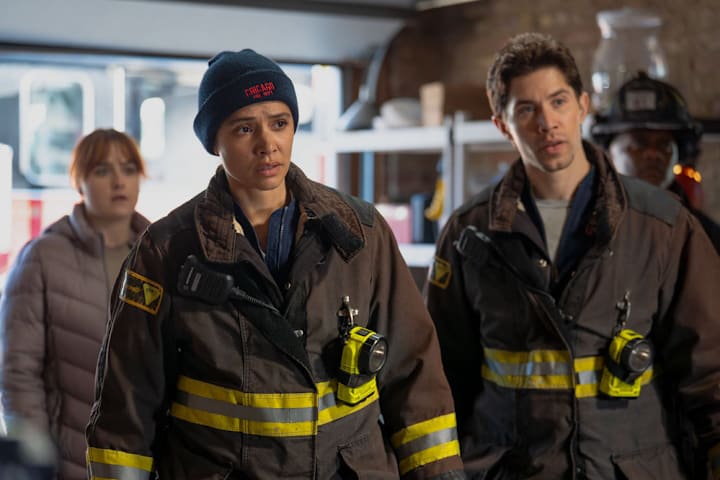 CHICAGO FIRE -- "Sway" Episode 1417 -- Pictured: (l-r) Deanna Dunagan as Margaret Charles, Brandon Larracuente as Sal Vasquez