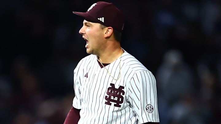 Mississippi State Bulldogs pitcher Karson Ligon after getting a strikeout against the Ole Miss Rebels at Dudy Noble Stadium in Starkville, Miss.