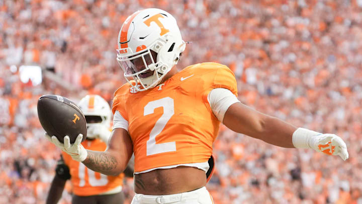 Tennessee running back Peyton Lewis (2) celebrates a touchdown during a college football game between Tennessee and Arkansas at Neyland Stadium in Knoxville, Tennessee on Oct. 11, 2025.
