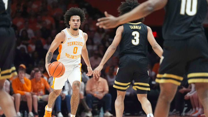 Tennessee's Ja'Kobi Gillespie (0) runs down the court while defended by Vanderbilt's Tyler Tanner (3) during a men’s college basketball game between the Tennessee Vols and Vanderbilt Commodores, held at Thompson-Boling Arena at Food City Center in Knoxville, Tenn., March 7, 2026.