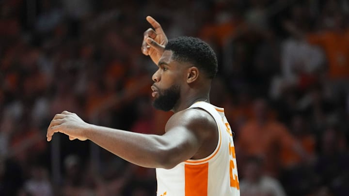 Tennessee's Jaylen Carey (23) reacts to a foul called on him during a men’s college basketball game between the Tennessee Vols and Vanderbilt Commodores, held at Thompson-Boling Arena at Food City Center in Knoxville, Tenn., March 7, 2026. Tennessee's Jaylen Carey (23) reacts to a foul called on him during a men’s college basketball game between the Tennessee Vols and Vanderbilt Commodores, held at Thompson-Boling Arena at Food City Center in Knoxville, Tenn., March 7, 2026.