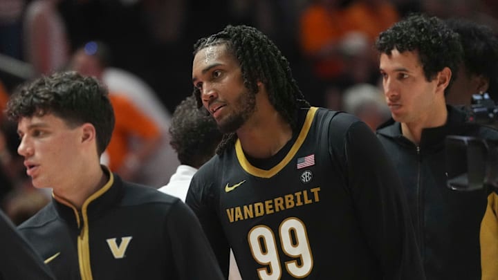 Vanderbilt's Devin McGlockton (99) shakes hands with Tennessee after winning a men’s college basketball game between the Tennessee Vols and Vanderbilt Commodores, held at Thompson-Boling Arena at Food City Center in Knoxville, Tenn., March 7, 2026.