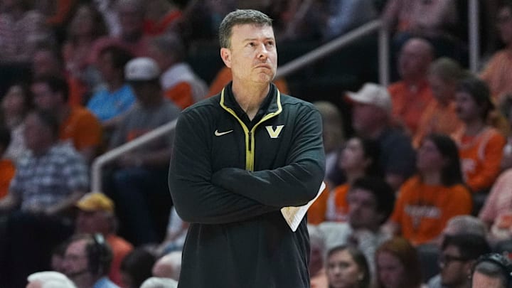 Vanderbilt head coach Mark Byington stands on the sidelines during a men’s college basketball game between the Tennessee Vols and Vanderbilt Commodores, held at Thompson-Boling Arena at Food City Center in Knoxville, Tenn., March 7, 2026.