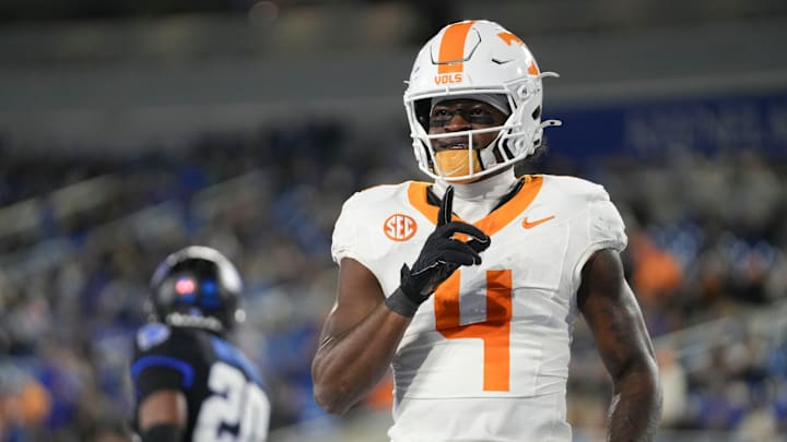 Tennessee wide receiver Mike Matthews (4) celebrates on the field during a NCAA football game against Kentucky at Kroger Field in Lexington, Kentucky on Oct. 25, 2025.