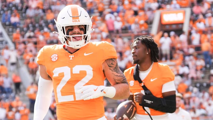 Tennessee linebacker Jeremiah Telander (22) before a college football game between Tennessee and Arkansas at Neyland Stadium in Knoxville, Tennessee on Oct. 11, 2025.