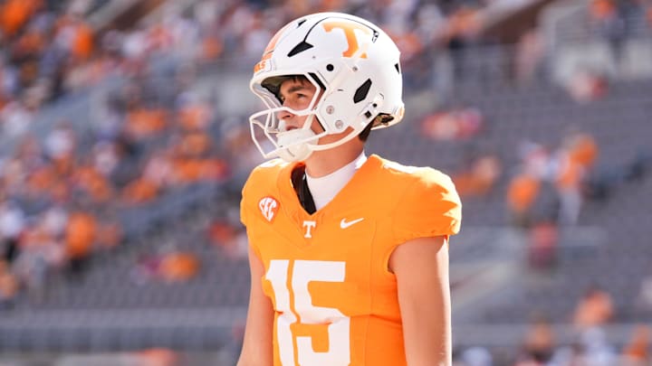 Tennessee quarterback George MacIntyre (15) before a college football game between Tennessee and Arkansas at Neyland Stadium in Knoxville, Tennessee on Oct. 11, 2025.