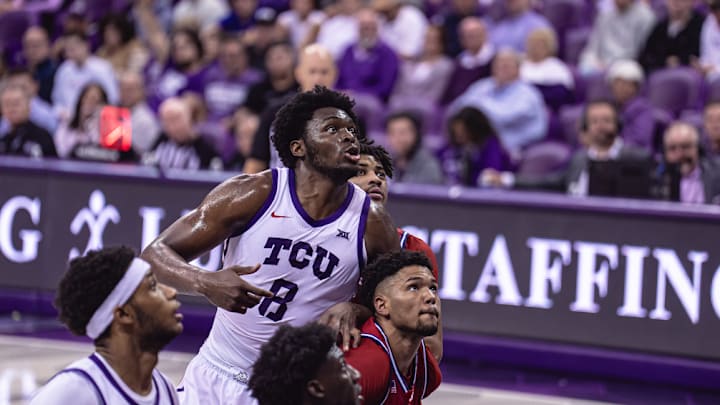 Ernest Udeh Jr. goes for a rebound in TCU's win over South Alabama on December 16, 2024. Ernest Udeh Jr. goes for a rebound in TCU's win over South Alabama on December 16, 2024.