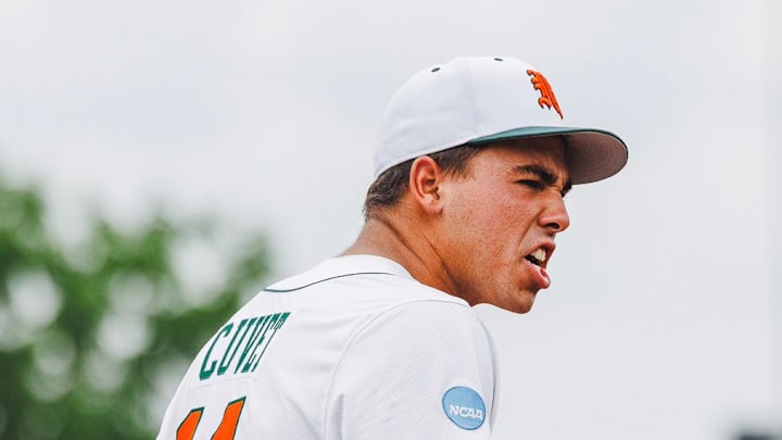 Miami Hurricanes third baseman Daniel Cuvet (14) after winning in the Louisville Super Regionals. Miami Hurricanes third baseman Daniel Cuvet (14) after winning in the Louisville Super Regionals.