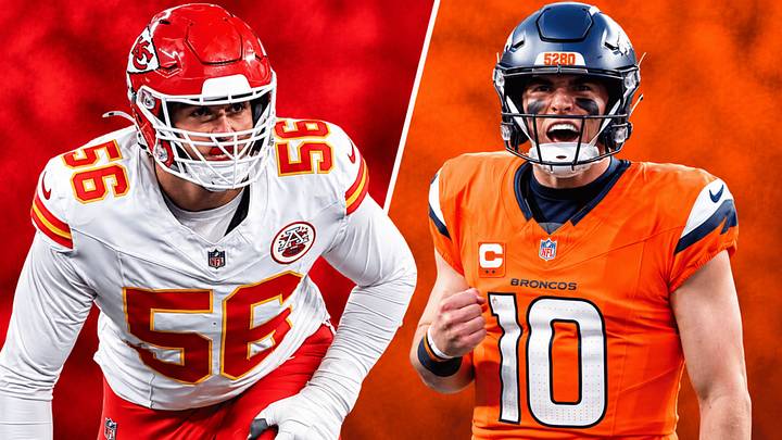 Kansas City Chiefs pass rusher George Karlaftis and Denver Broncos quarterback Bo Nix