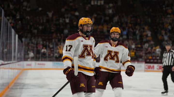 Brody Lamb (17) celebrating with one of his Gophers' teammates during the Michigan Tech series. Brody Lamb (17) celebrating with one of his Gophers' teammates during the Michigan Tech series.